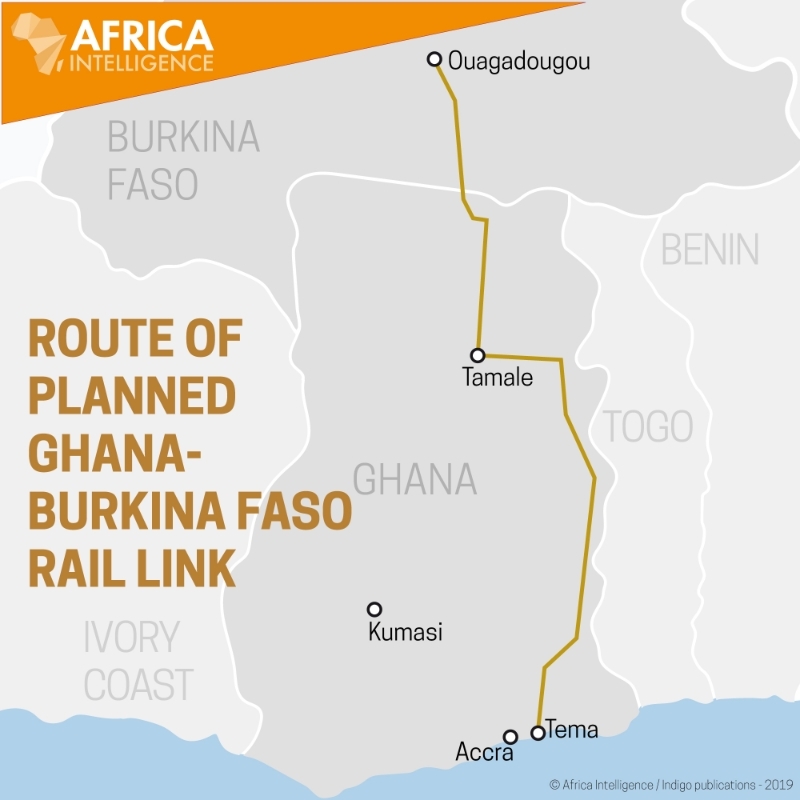 Map showing the route of the rail project linking Ghana to Burkina Faso.