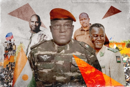 From left to right: Maïkoul Zodi, coordinator of the Niamey office of the TLP movement; the transition president, Abdourhamane Tchiani; Abdoulaye Seydou, coordinator of the M62; and General Salifou Modi.
