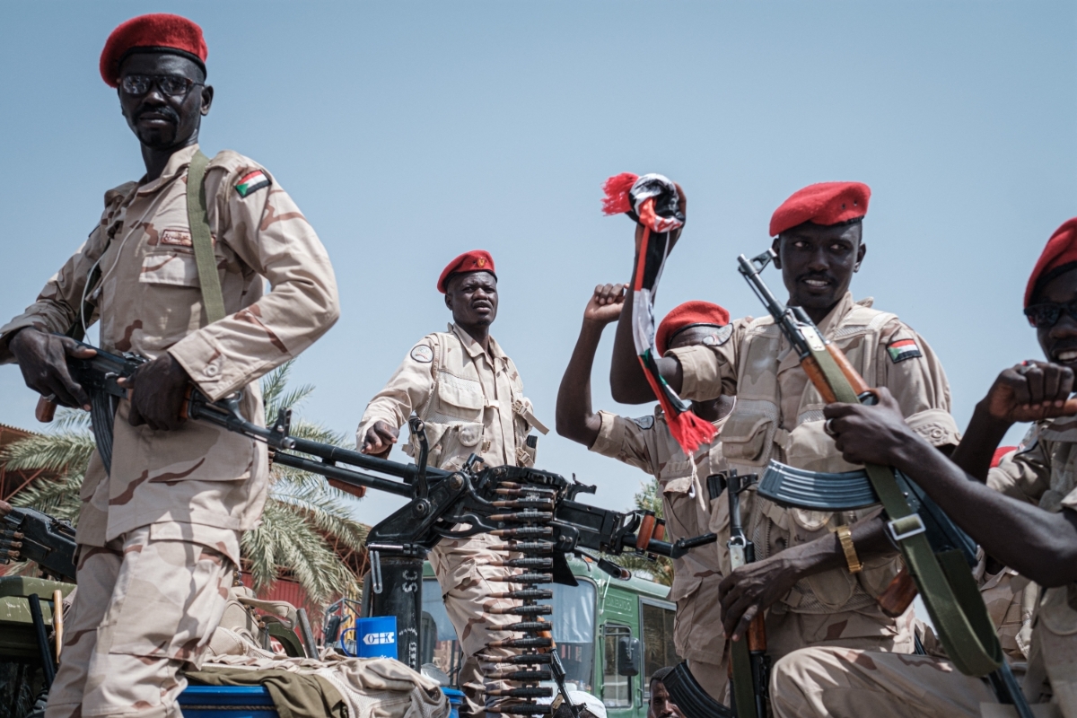 Members of the RSF stand guard during one of General Hemeti's rallies in Khartoum on 18 June 2019.
