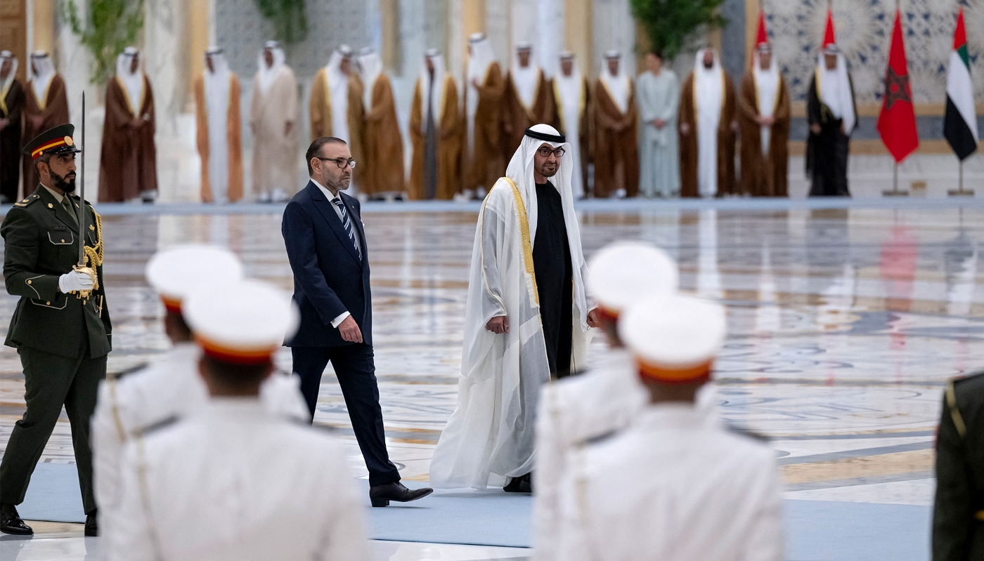 Morocco's King Mohammed VI (left) with UAE President Mohammed bin Zayed Al Nahyan in Abu Dhabi, in December 2023.