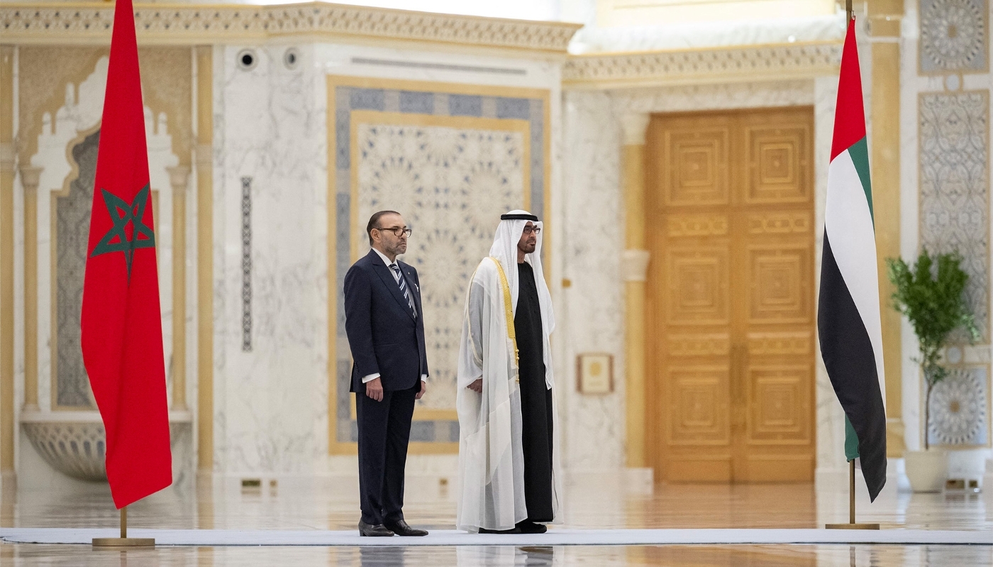 Morocco's King Mohammed VI with UAE President Mohammed bin Zayed Al Nahyan in Abu Dhabi, on 4 December 2023.
