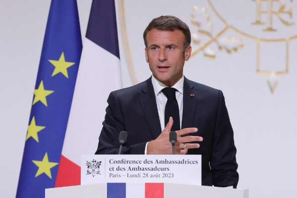 French President Emmanuel Macron at the Elysee Palace in Paris on 28 August 2023.