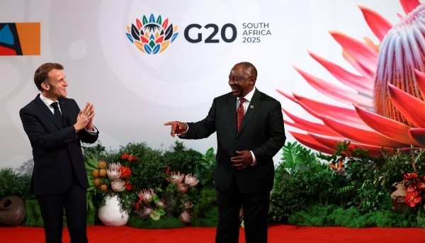 France's President Emmanuel Macron with his South African counterpart Cyril Ramaphosa in Johannesburg, South Africa, on 22 November 2025. 