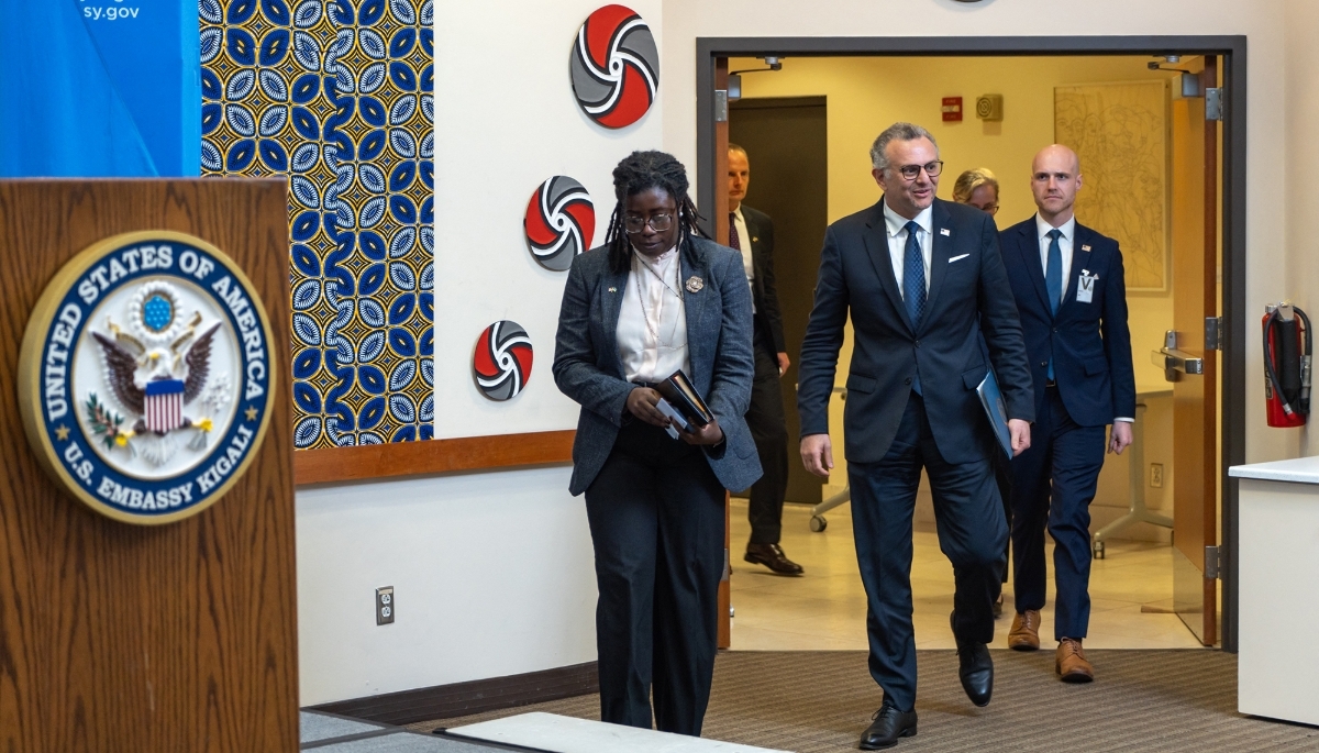 Donald Trump's special adviser on Africa, Massad Boulos (centre), in Kigali, on 8 April 2025.