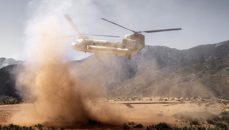 A Royal Moroccan Air Force CH-47D Chinook military transport helicopter lands in Tizi n'Test, Morocco, 2023.
