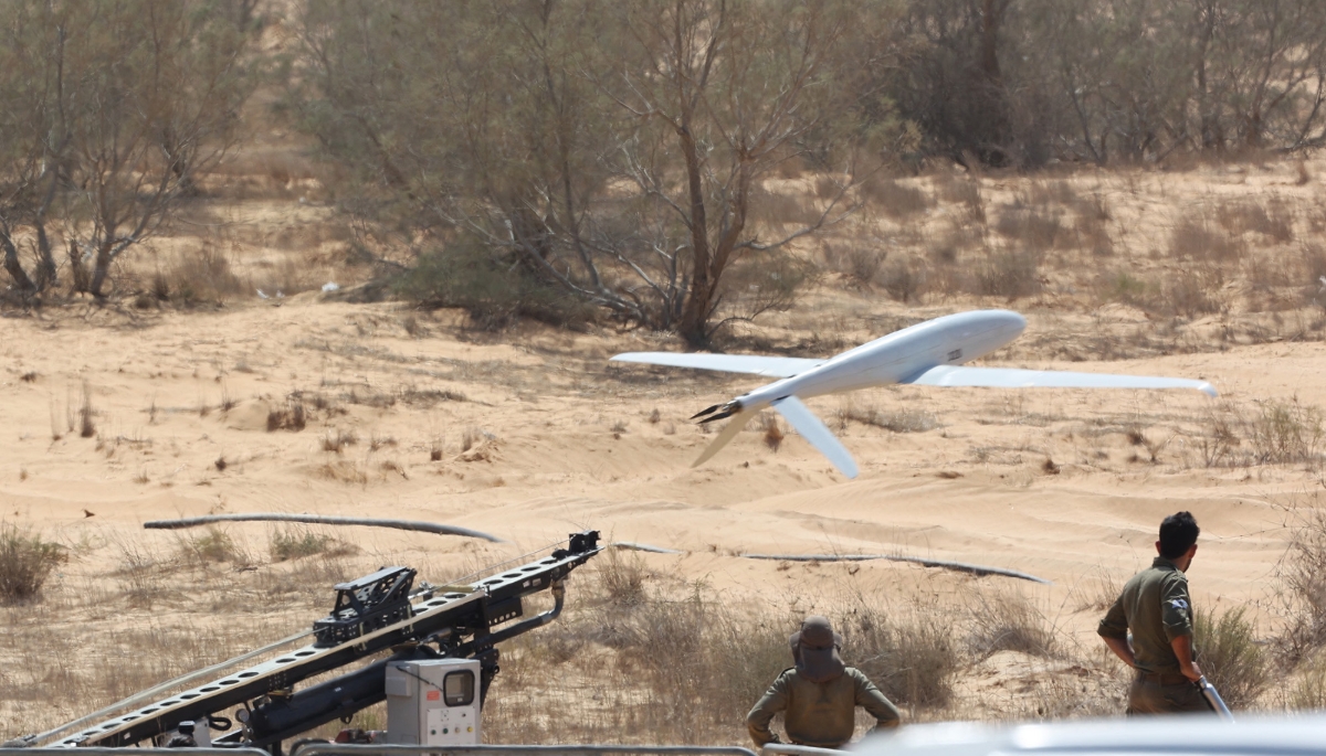 An Elbit Systems drone in an Israeli Defense Forces simulation in Tze'elim, Israel, 2022.