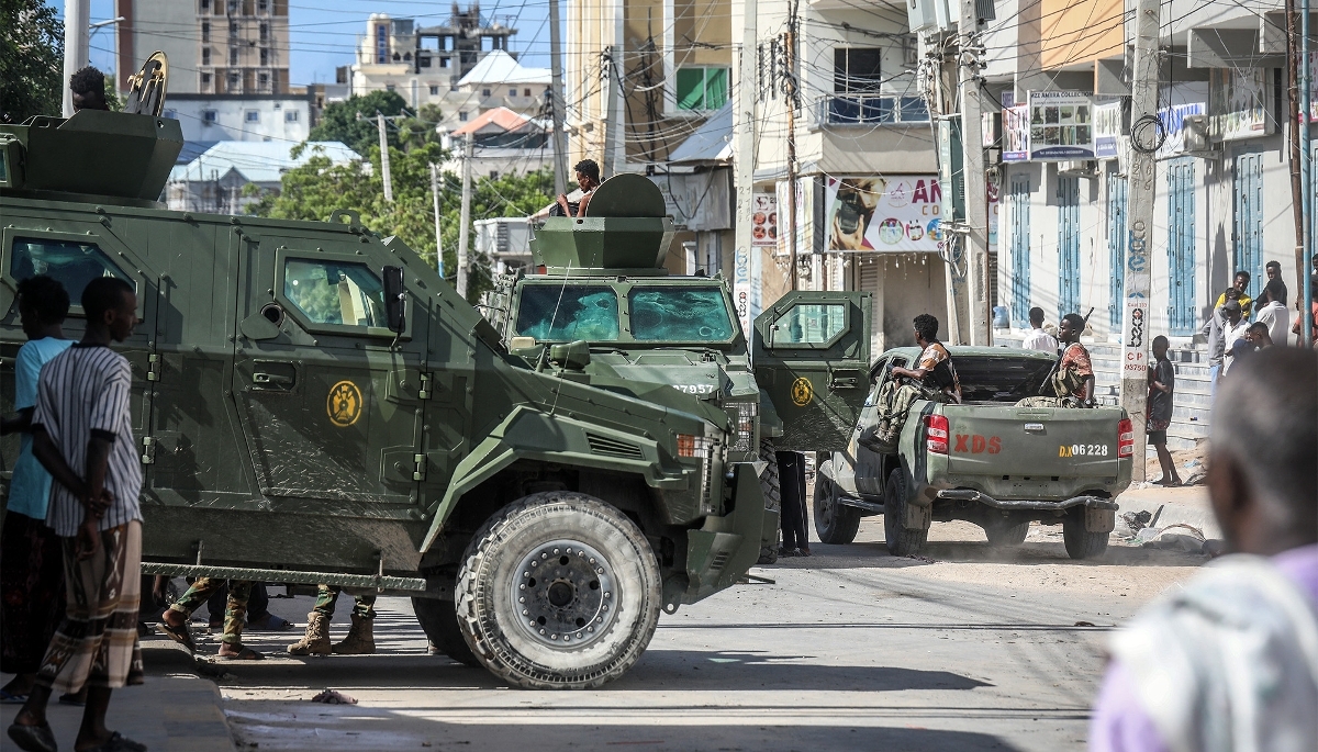 Federal army soldiers on patrol in Mogadishu on 4 June 2026.