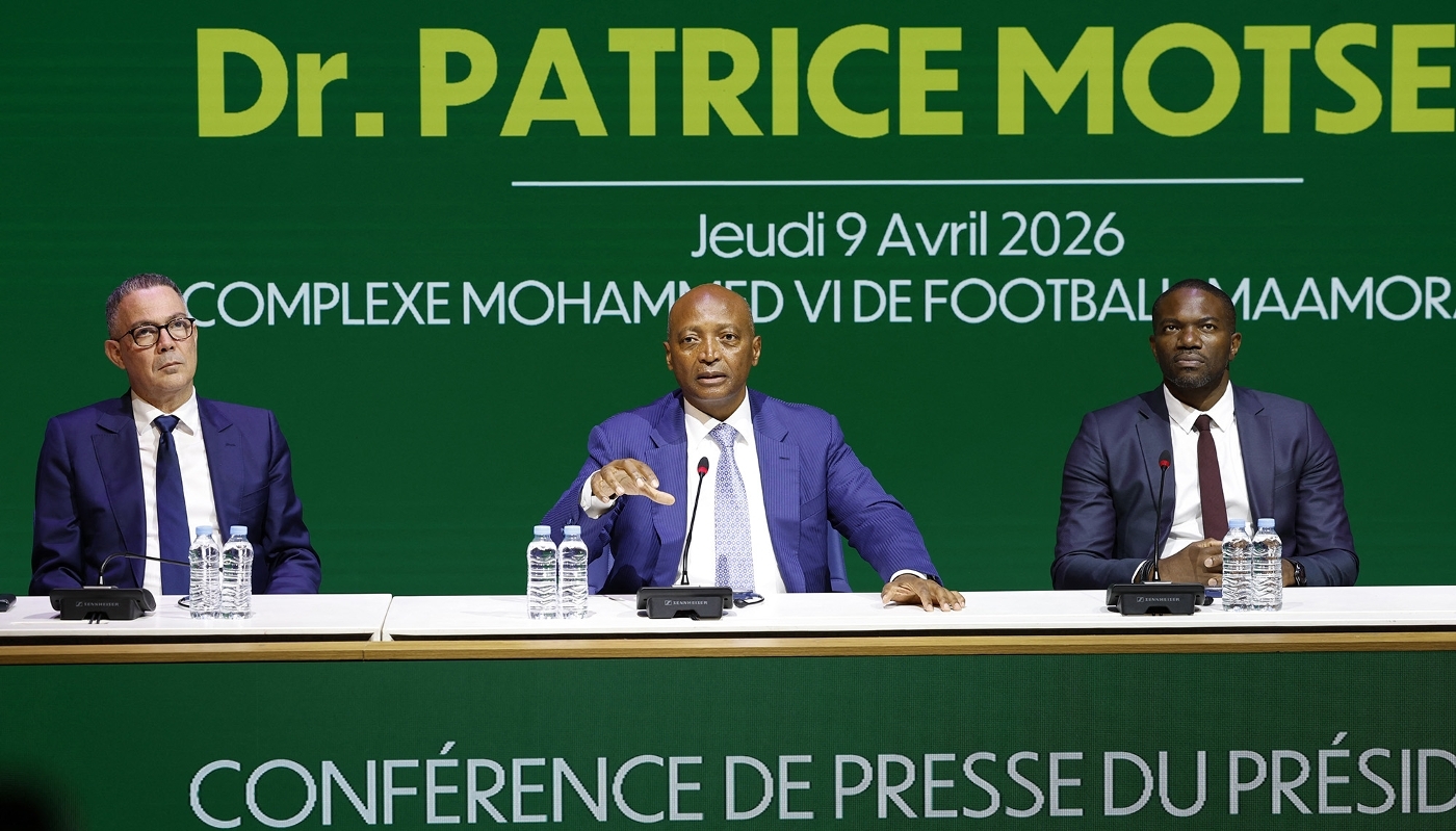 Left to right: president of the Royal Moroccan Football Federation, Fouzi Lekjaâ; president of the Confederation of African Football, Patrice Motsepe; and its acting general secretary, Samson Adamu, in Salé, Morocco, in April 2026.