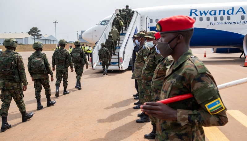 Rwandan military troops depart for Mozambique at Kigali International Airport, 10 July 2021.