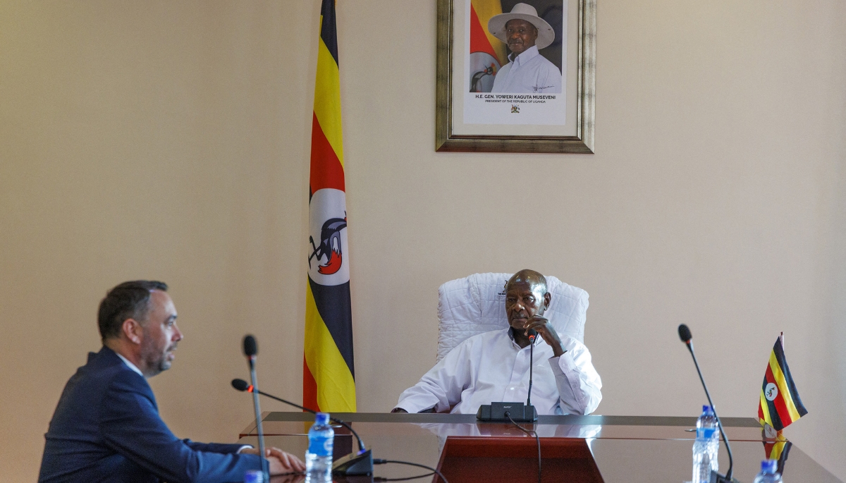 Yoweri Museveni meets with Belgian Foreign Minister Maxime Prévot, in Kampala, 25 April 2025.