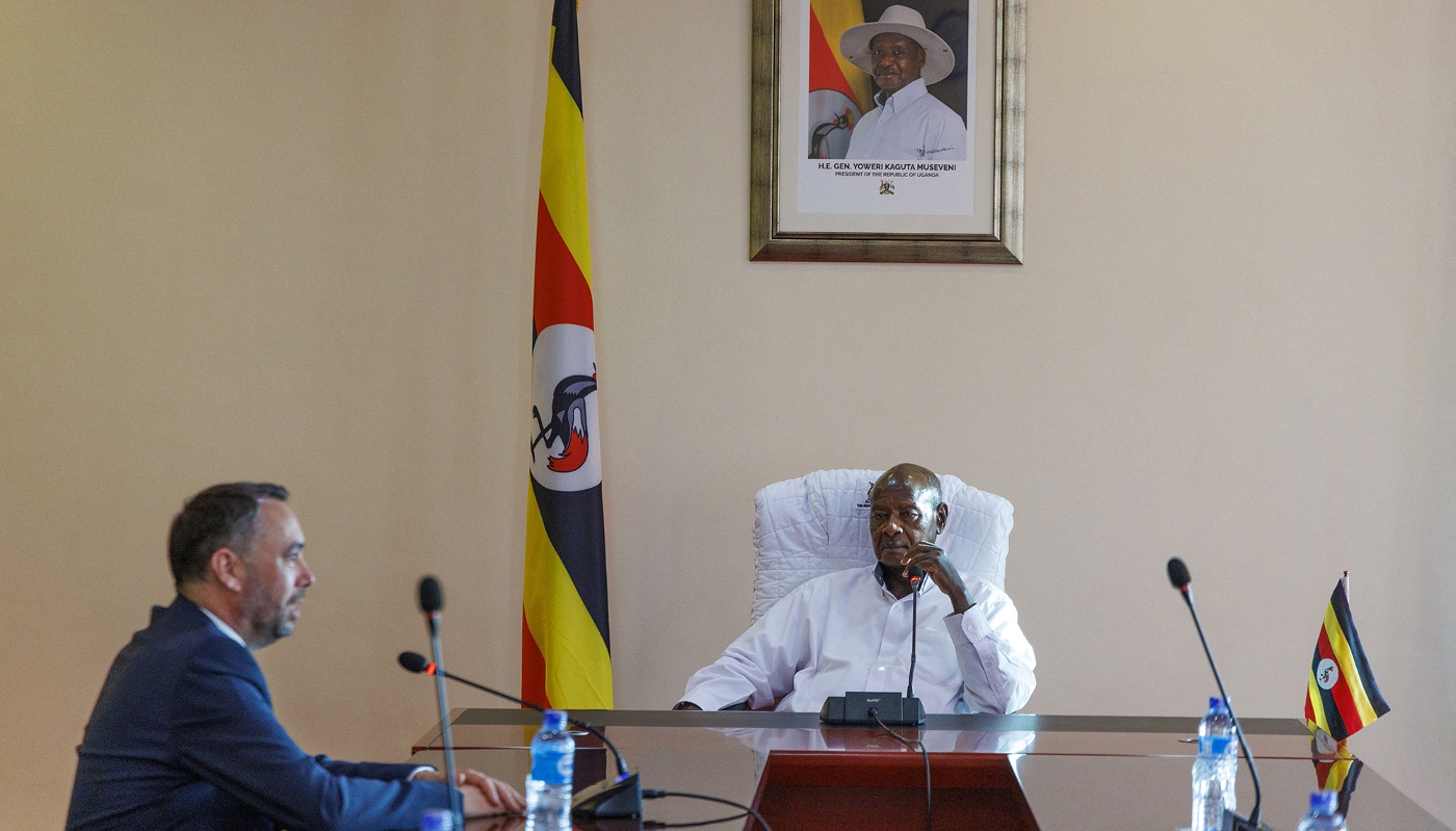 Yoweri Museveni meets with Belgian Foreign Minister Maxime Prévot, in Kampala, 25 April 2025.