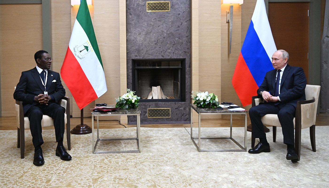Russia's Vladimir Putin speaks with Equatorial Guinea's Teodoro Obiang Nguema in Moscow, Russia, 2 November 2023.