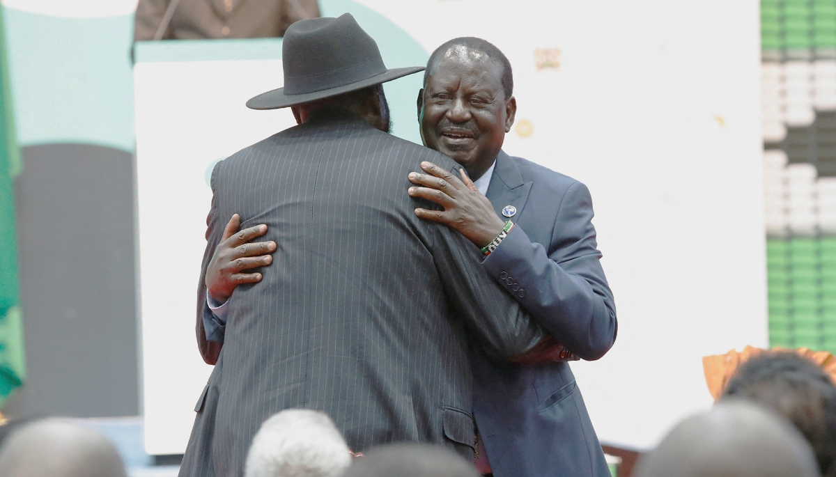 Salva Kiir (left) and Raila Odinga during the Africa Climate Summit in Nairobi, 5 September 2023.