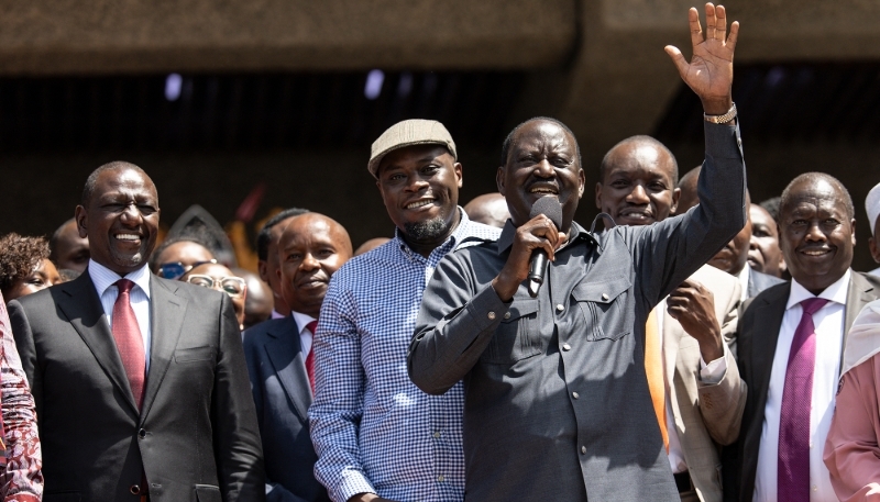 Kenyan President William Ruto (L) and veteran politician Raila Odinga (3rd R), in Nairobi on 7 March, 2025.