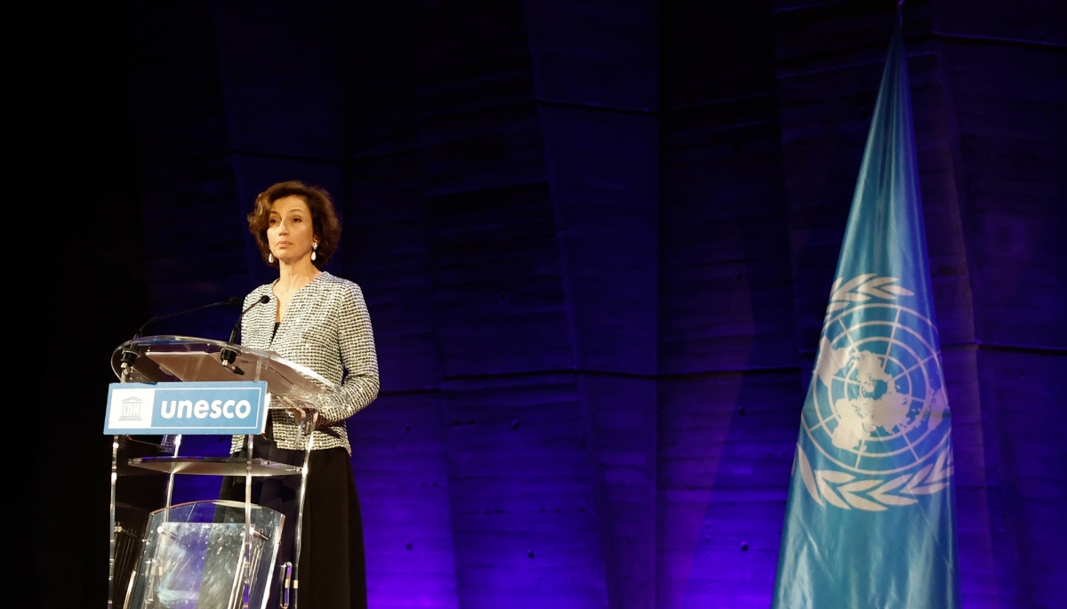 Director-General Audrey Azoulay  at the UNESCO headquarters in Paris, on 19 March 2025.