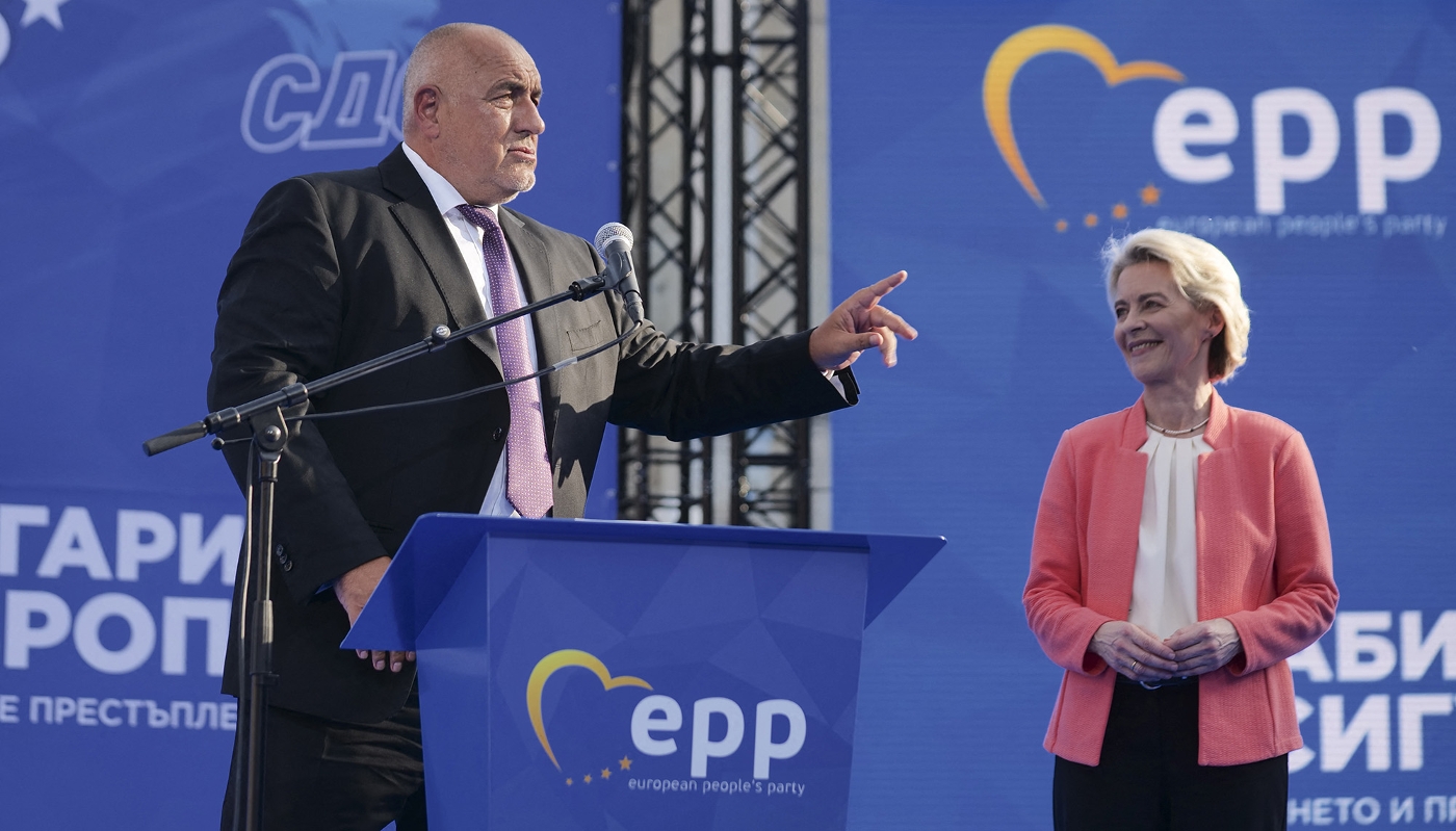 Boyko Borisov with Ursula von der Leyen during a meeting of GERB in Plovdiv, Bulgaria, on 2 June 2024.