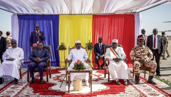 Mahamat Idriss Déby (centre) with his ministers and senior officers during the ceremony marking the departure of French forces in N'Djamena, on 31 January 2025.