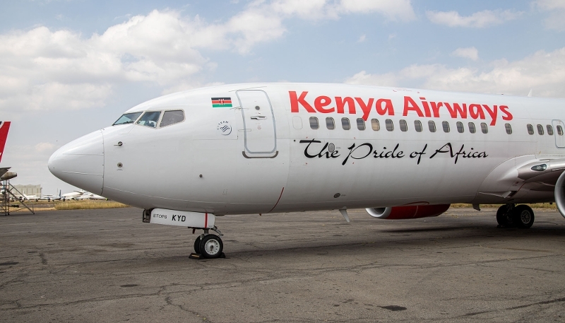 A Kenya Airways aircraft at Nairobi Airport in June 2023.