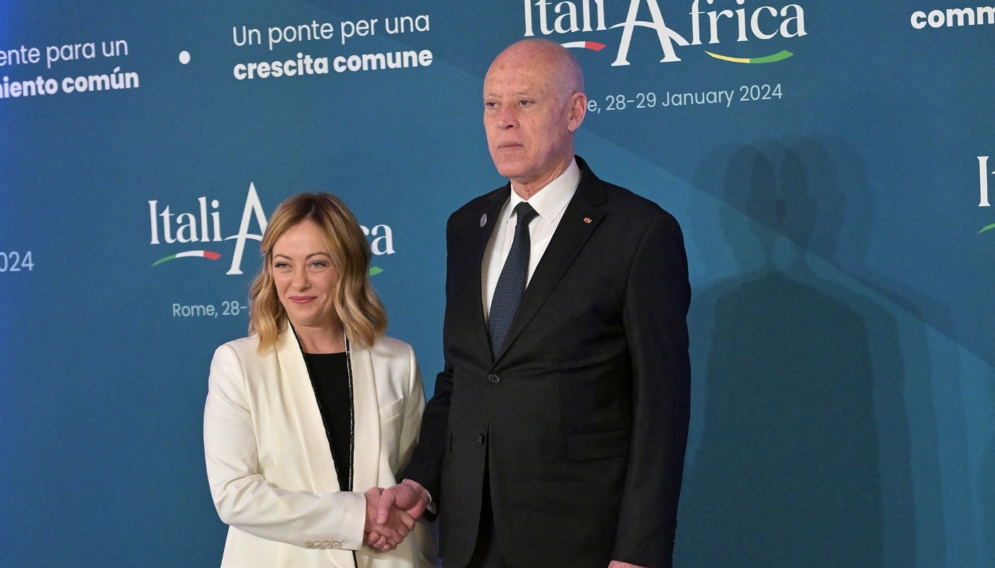 Giorgia Meloni welcomes Kais Saied for the Italy-Africa international conference in Rome on 29 January 2024.