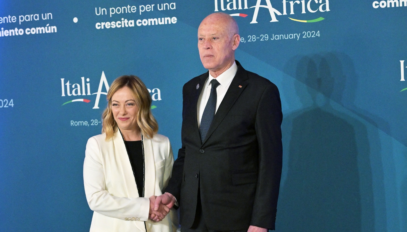 Italy's Prime Minister, Giorgia Meloni welcomes Tunisia's President Kaïs Saïed in Rome on 29 January 2024.