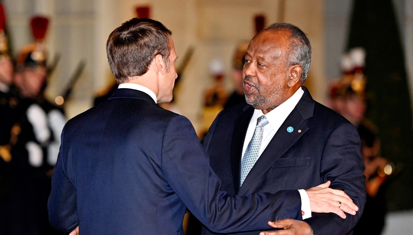 Emmanuel Macron welcomes Djiboutian president Ismail Omar Guelleh to the Elysée in Paris on 11 November 2019.