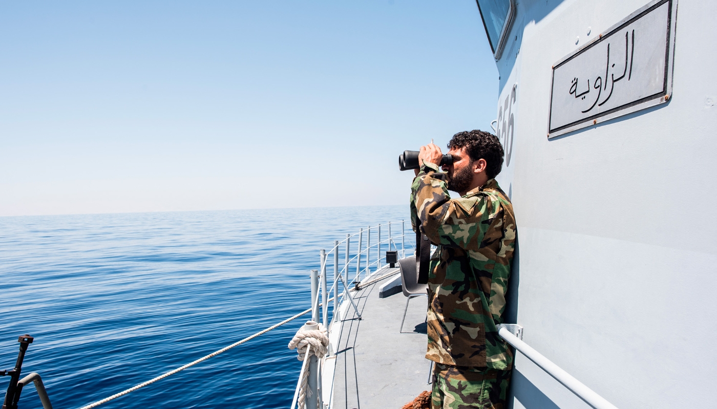 A Libyan coastguard patrols the area at sea between Sabratha and Zawiyah on 28 July 2017.