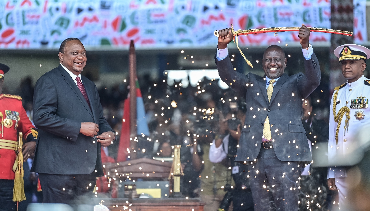 Uhuru Kenyatta and William Ruto in Nairobi, Kenya, on 13 September 2022 during the inauguration ceremony.