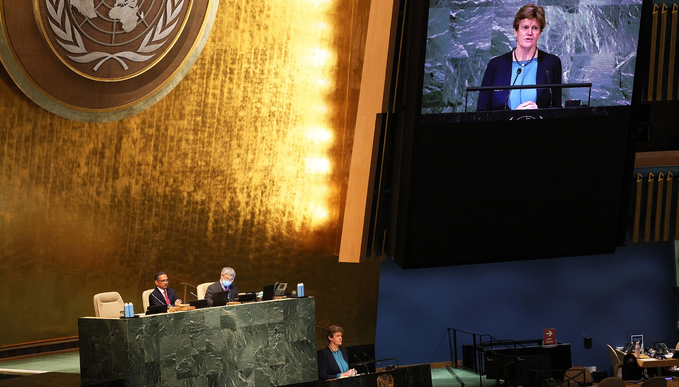 British Permanent Representative to the UN Barbara Woodward at the UN Headquarters in New York City, 14 November 2022.