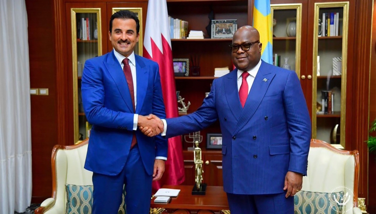 Qatar Emir Tamim bin Hamad Al Thani and Congolese President Félix Tshisekedi in Kinshasa on 21 November 2025.
