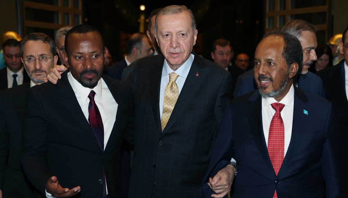 From left to right: Ethiopian Prime Minister Abiy Ahmed, Turkish President Recep Tayyip Erdogan, and Somali President Hassan Sheikh Mohamud, in Ankara on 11 December 2024.