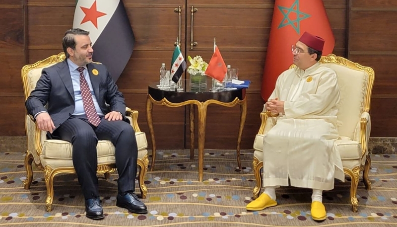 Asaad Hassan al-Shibani (left), Syrian Minister of Foreign Affairs, and his Moroccan counterpart, Nasser Bourita, in March 2025.