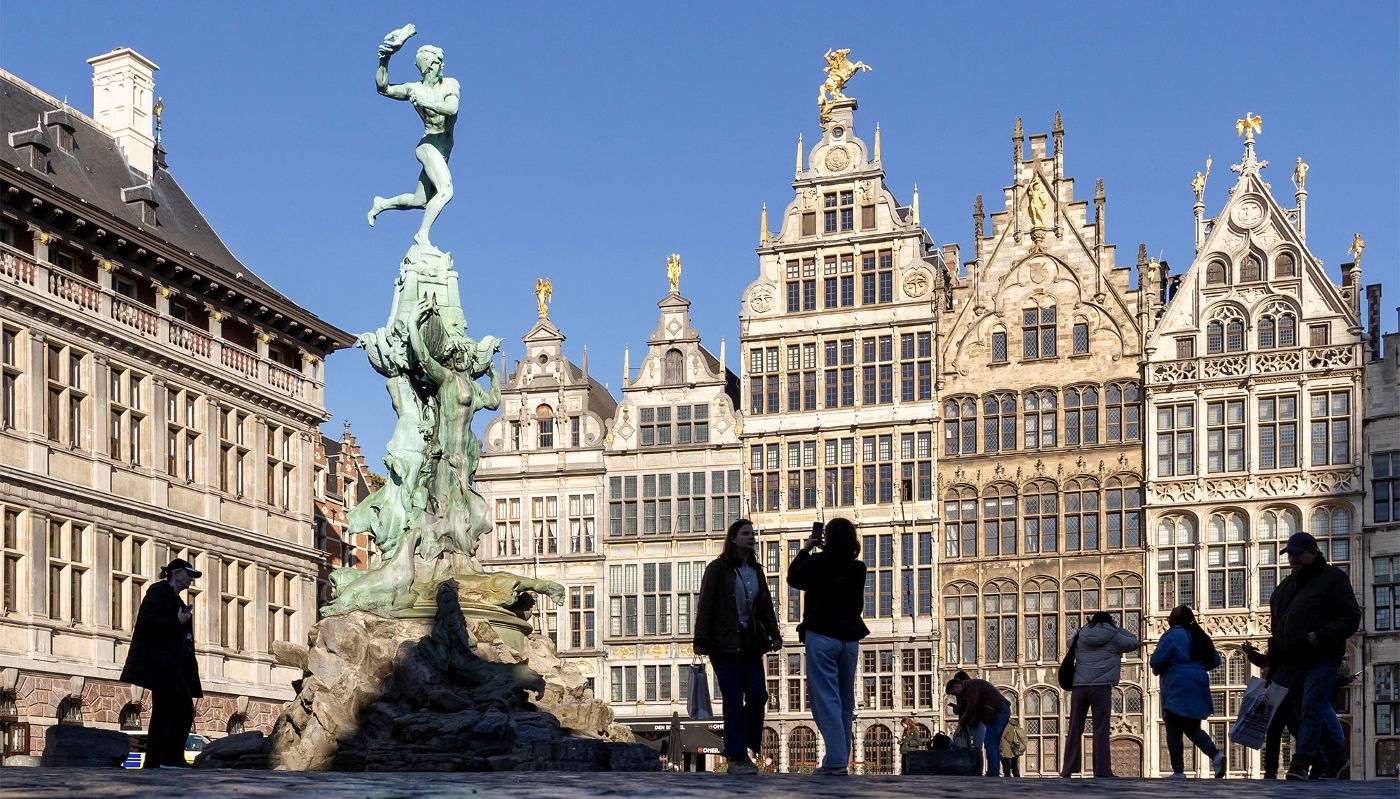 The Grand Place near the Brabo Fountain in Antwerp, Belgium, in November 2025.
