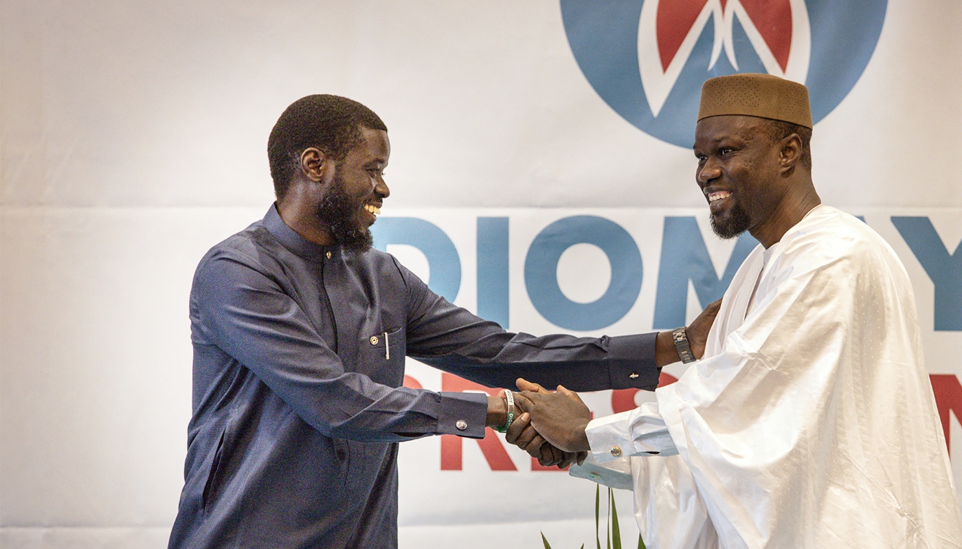 Opposition leader Ousmane Sonko (right) with Bassirou Diomaye Faye in Dakar on 15 March 2024.