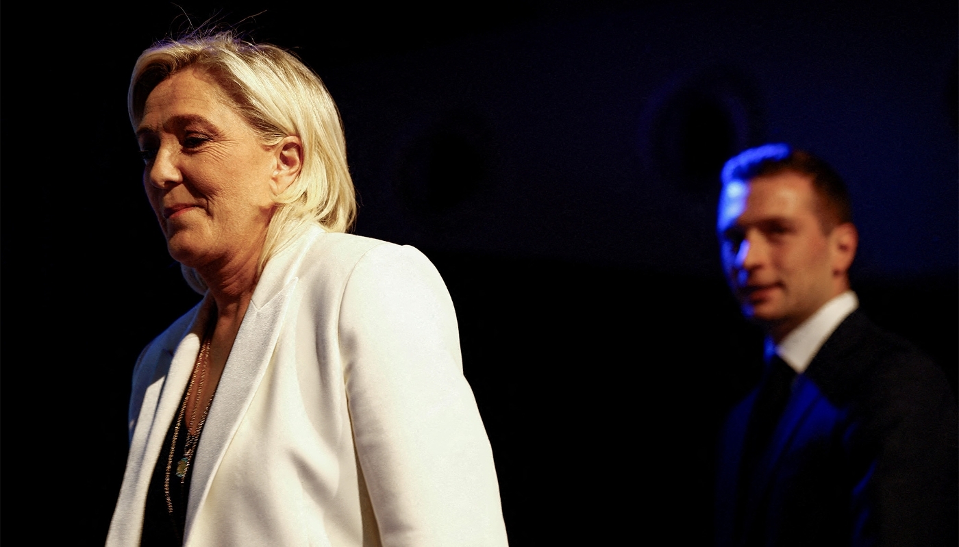 Marine Le Pen with Jordan Bardella, President of the French far-right Rassemblement National party, Paris, France, 9 June 2024.