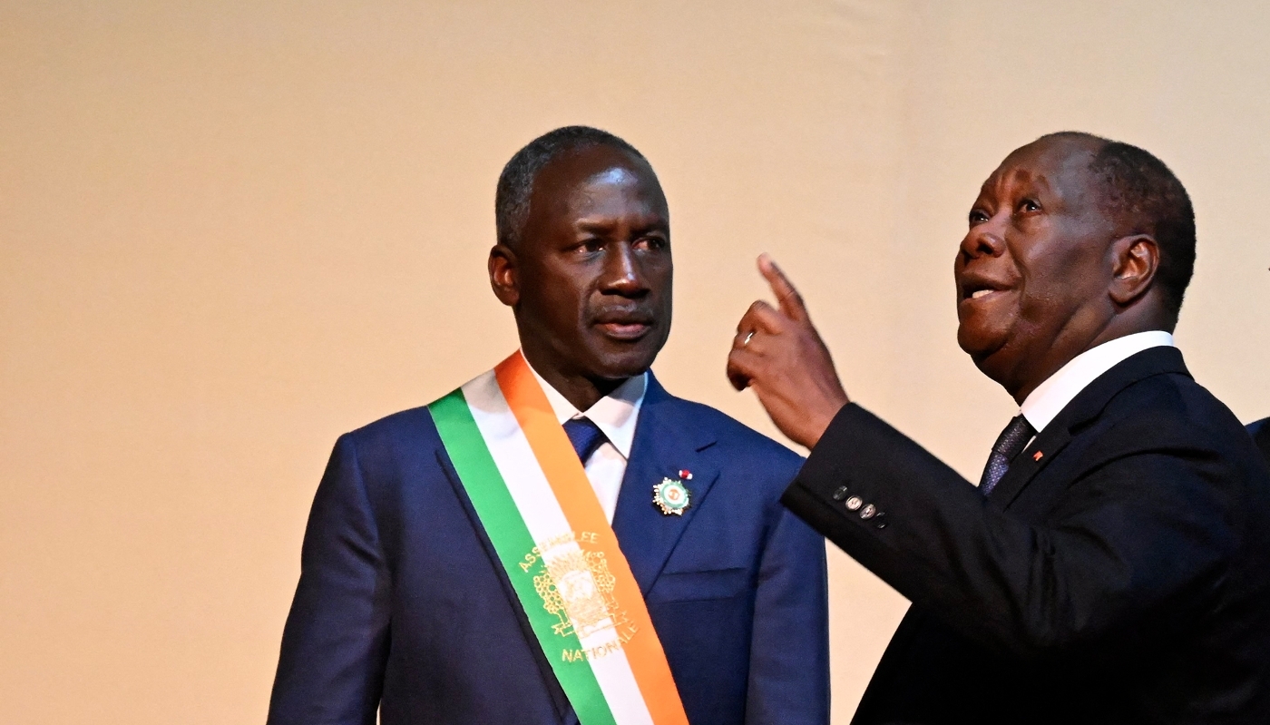 Adama Bictogo, then speaker of the Ivorian National Assembly, and President Alassane Ouattara in Abidjan, on 25 April 2023.