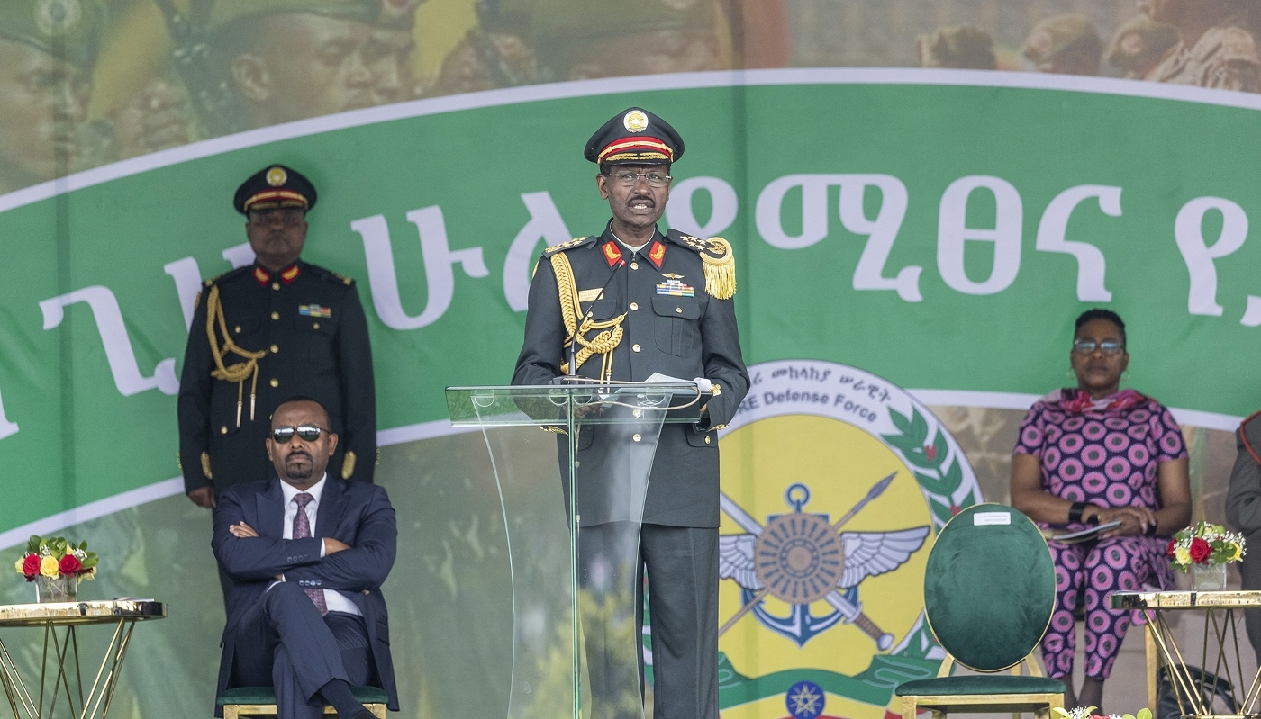 Birhanu Jula (speaking into the microphone), marshal of the Ethiopian National Defense Force and chief of staff, in Addis Ababa on 26 October 2023.