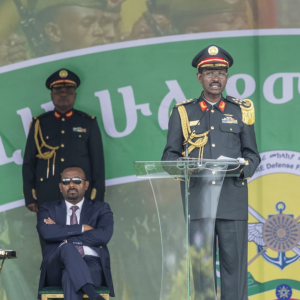Birhanu Jula (speaking into the microphone), Marshal of the Ethiopian National Defense Forces and Chief of Staff, in Addis Ababa on October 26, 2023.
