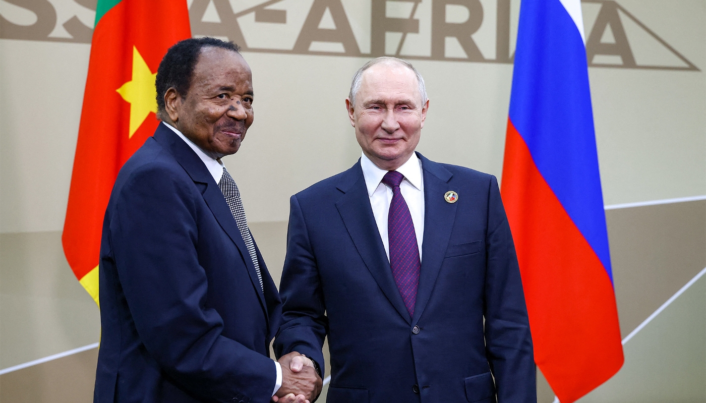 Cameroonian president Paul Biya and his Russian counterpart Vladimir Putin at the Russia-Africa summit in Saint Petersburg on 28 July 2023.