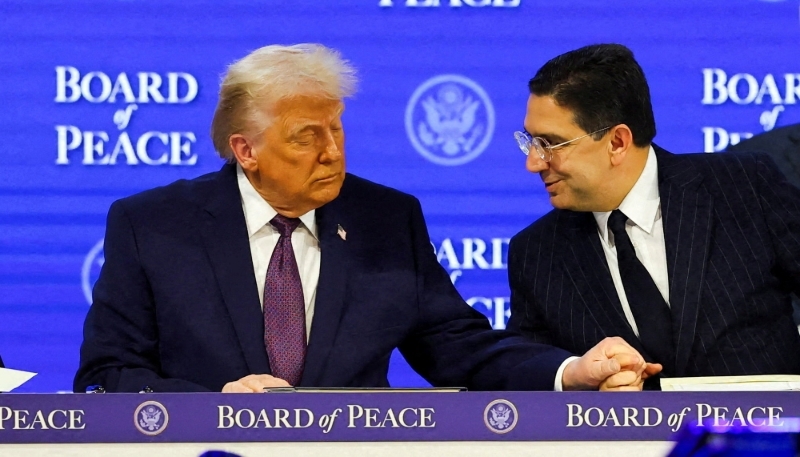 US President Donald Trump and Morocco's Foreign Minister Nasser Bourita in Davos, Switzerland, on 22 January 2026. 