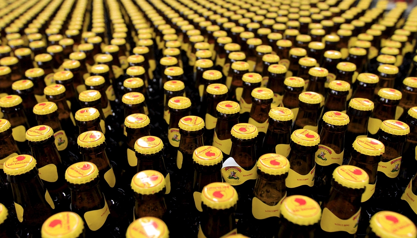 Beer bottles of the St George brand, owned by the Castel group since 1998, in Addis Ababa in March 2015.