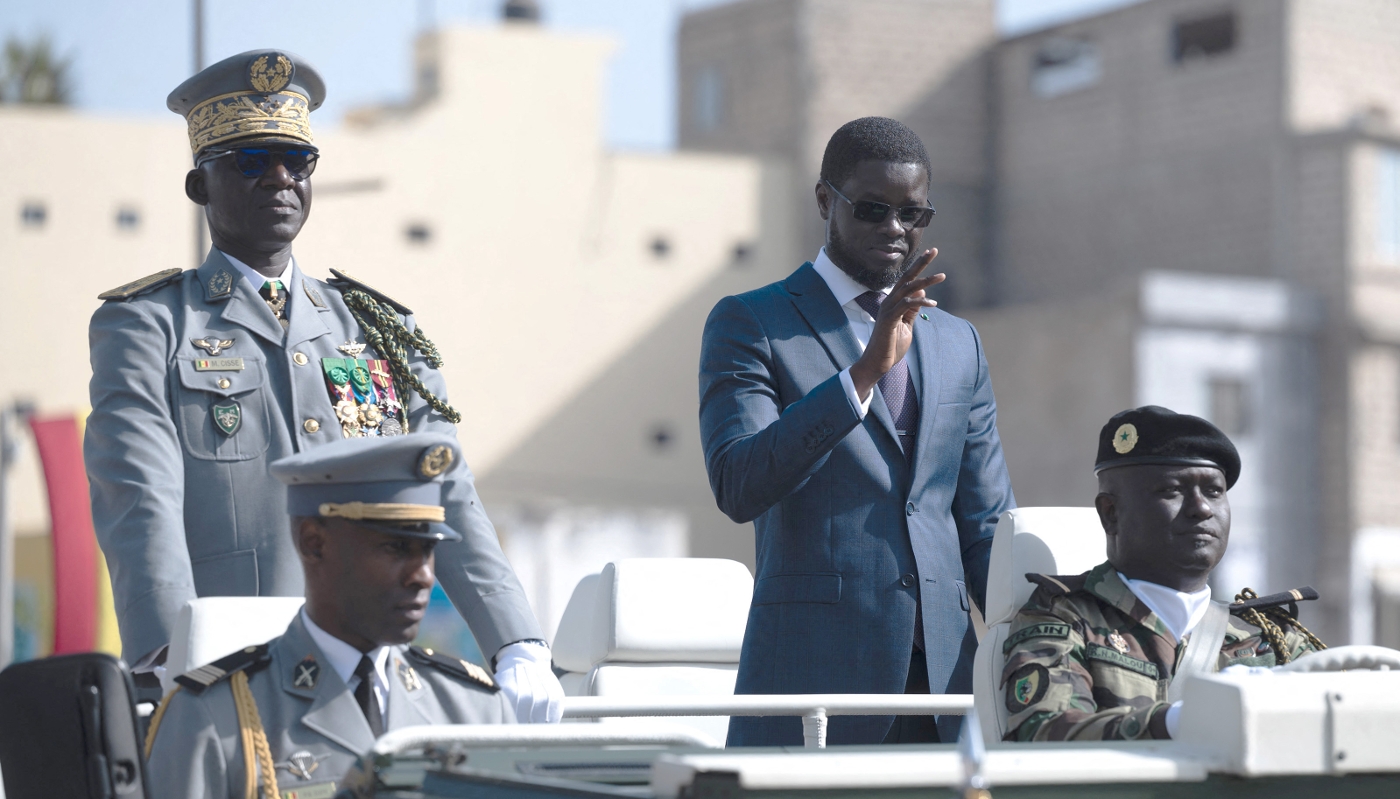 Senegal's Chief of General Staff Mbaye Cissé (far left) and President Bassirou Diomaye Faye (second right) on Independence Day in Dakar, 4 April 2025.