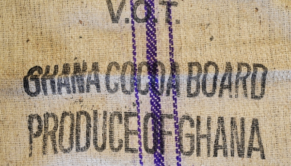 Bags of cocoa beans from the Cocoa Board in Suhum, Ghana, 9 January 2024.
