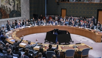 Members of the Security Council voting on Resolution 2797 on 31 October 2025, in New York.
