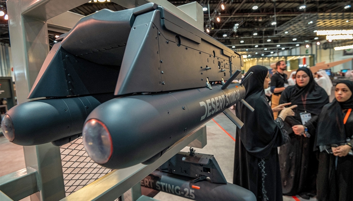 A weapon platform fitted with Desert Sting 16 munitions on display at the Edge pavilion during the International Defence Exhibition (IDEX) in Abu Dhabi, in February 2023.
