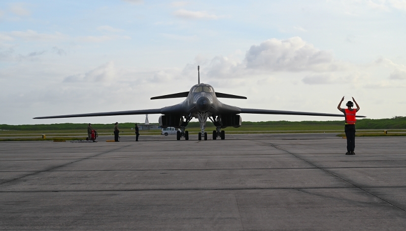 A Rockwell B-1B Lancer bomber at the US military base on Diego Garcia, a Mauritian atoll under UK administration, in October 2021.