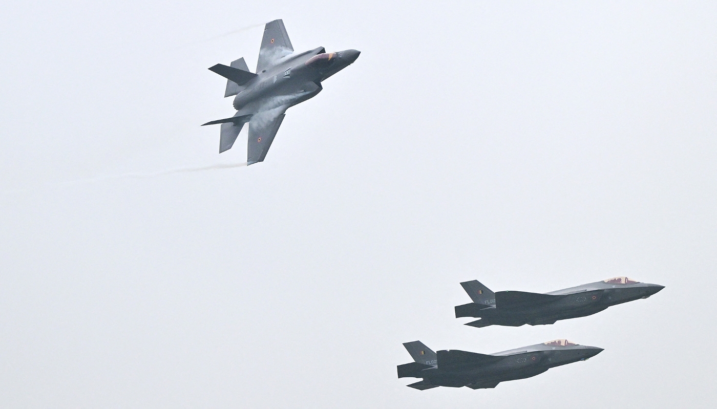 Lockheed Martin F-35 fighter jets at the Florennes military air base in Belgium on 13 October 2025.