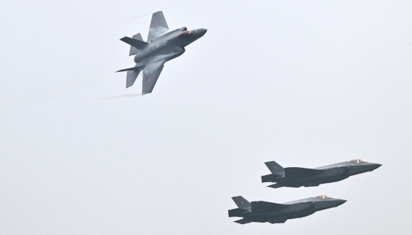 Lockheed Martin F-35 fighter jets at the Florennes military air base in Belgium on 13 October 2025.