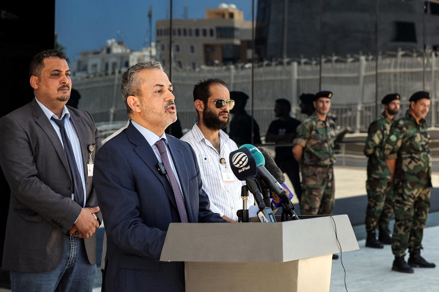 Farhat Bengdara, the chairman of Libya's National Oil Corp during a press conference outside the corporation's headquarters in the capital Tripoli on 14 July 2022.