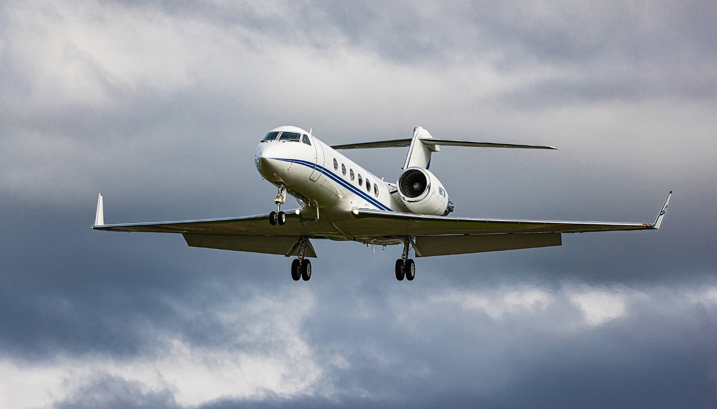 A Gulfstream IV aircraft approaching Zurich Airport in Switzerland, October 2024.