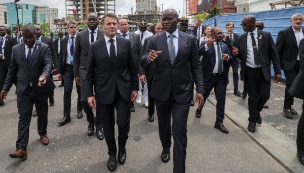 Emmanuel Macron and Brice Clotaire Oligui Nguema visit the headquarters of the Compagnie Minière de l'Ogooué in Libreville, 24 November 2025.